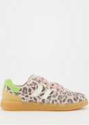 Leopard print sneaker with a green heel on a white background