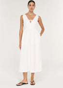 Women modelling a white midi dress on a white background