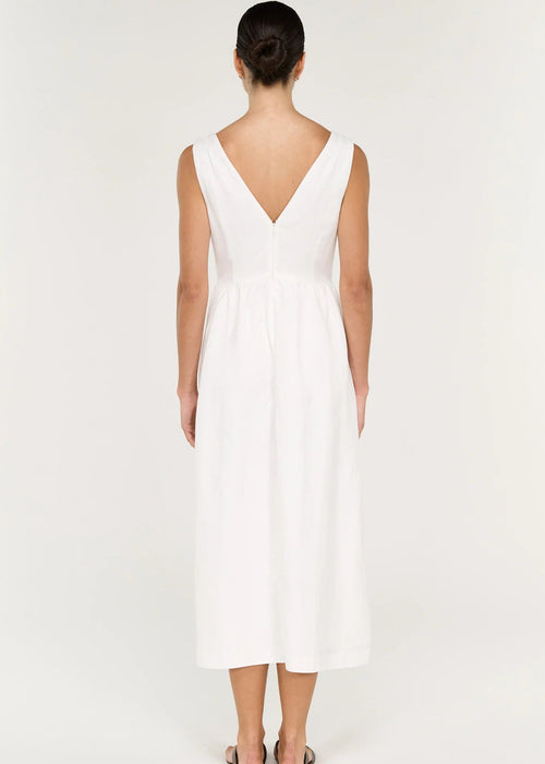 Women modelling a white midi dress on a white background viewed from the back