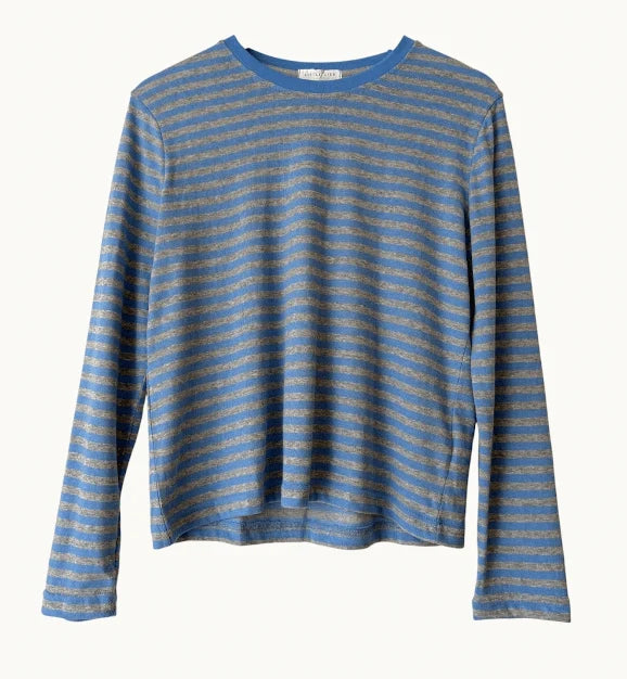 Blue and grey striped sweater on a white background