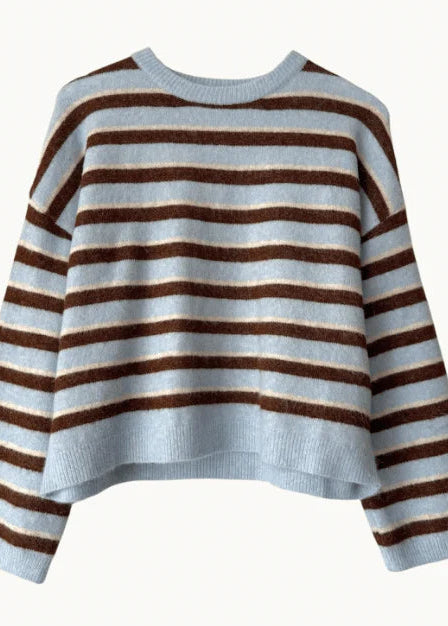 Striped sweater with brown and light blue horizontal stripes on a white background