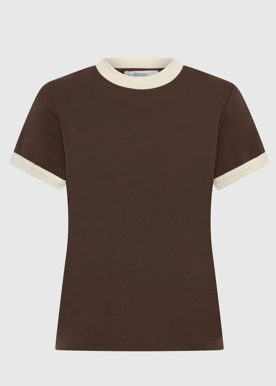 A short-sleeve crewneck t-shirt in dark brown with contrasting cream ribbed trim at the collar and sleeve cuffs, shown against a light grey background.