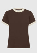 A short-sleeve crewneck t-shirt in dark brown with contrasting cream ribbed trim at the collar and sleeve cuffs, shown against a light grey background.