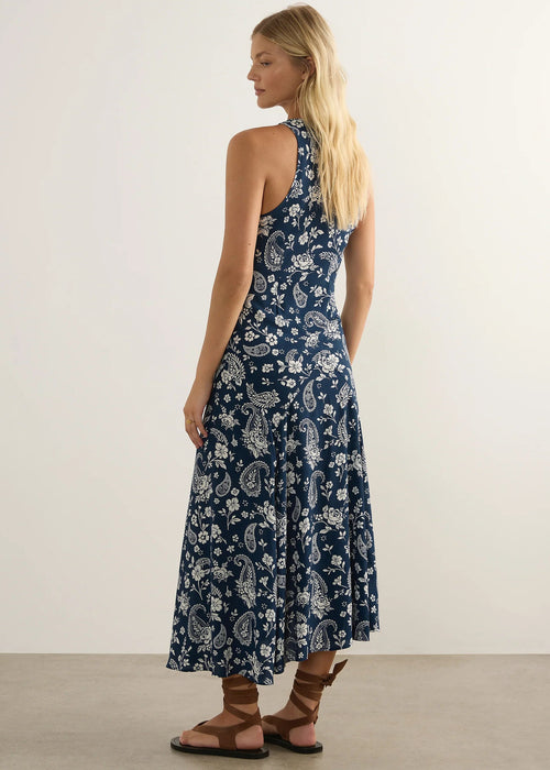 Woman in blue dress on white background