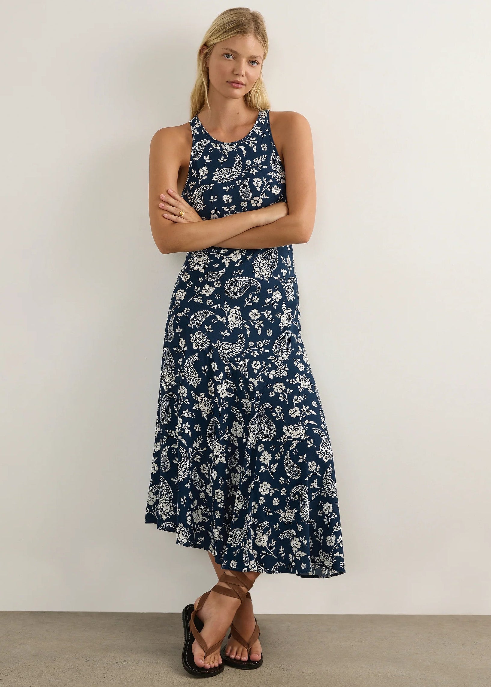 Woman in blue dress on white background