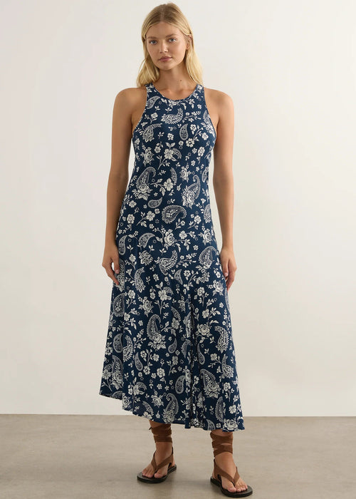 Woman in blue dress on white background