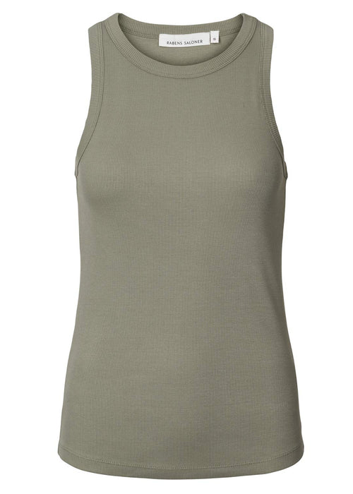 A sleeveless crewneck tank top in a muted sage green colour, displayed on a clean white background.