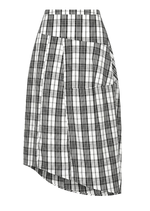 A black and white plaid asymmetrical skirt with a high-waisted design and draped side details, shown against a plain white background.