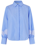 A light blue and white vertically striped button-down shirt with white lace applique details on the lower sleeves, shown against a plain white background.