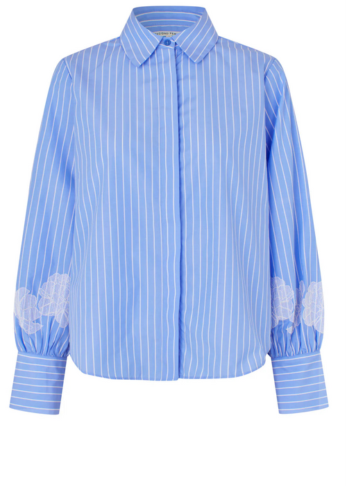 A light blue and white vertically striped button-down shirt with white lace applique details on the lower sleeves, shown against a plain white background.