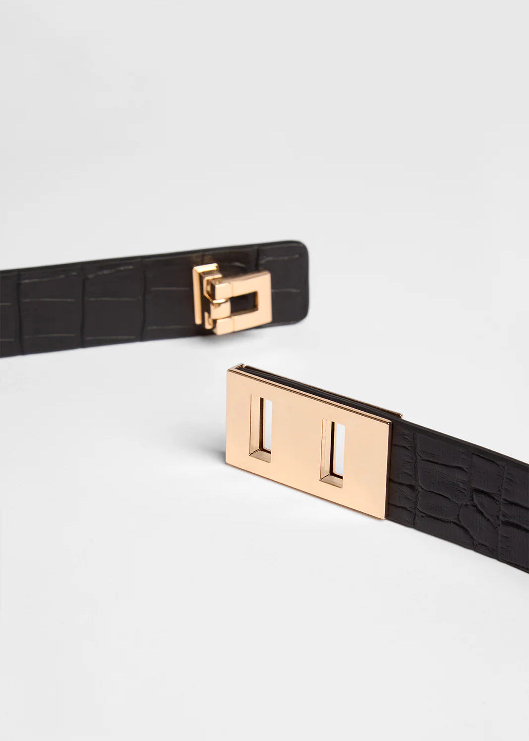 Black belt with a gold buckle on a light grey background