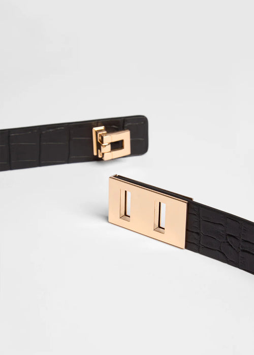 Black belt with a gold buckle on a light grey background