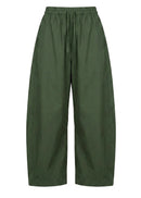 A pair of wide-leg cropped pants in olive green, featuring an elastic waistband and drawstring, shown against a plain white background.