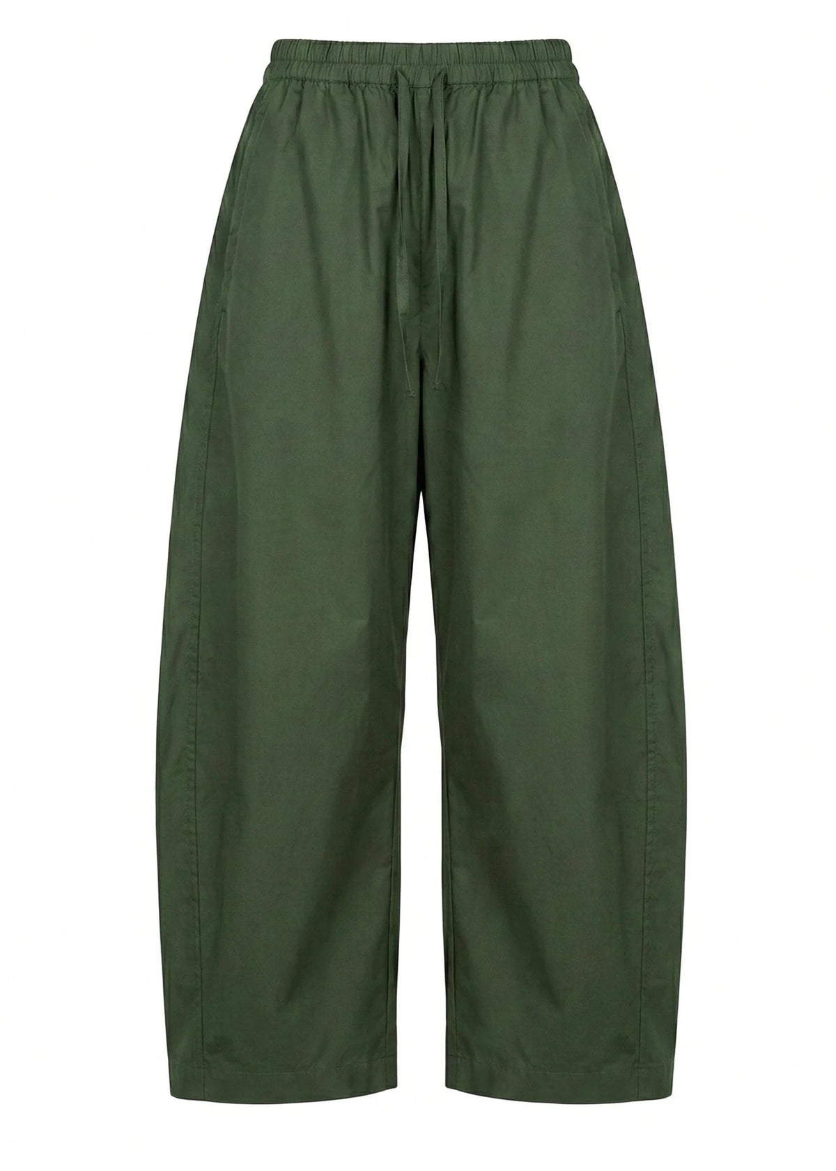 A pair of wide-leg cropped pants in olive green, featuring an elastic waistband and drawstring, shown against a plain white background.