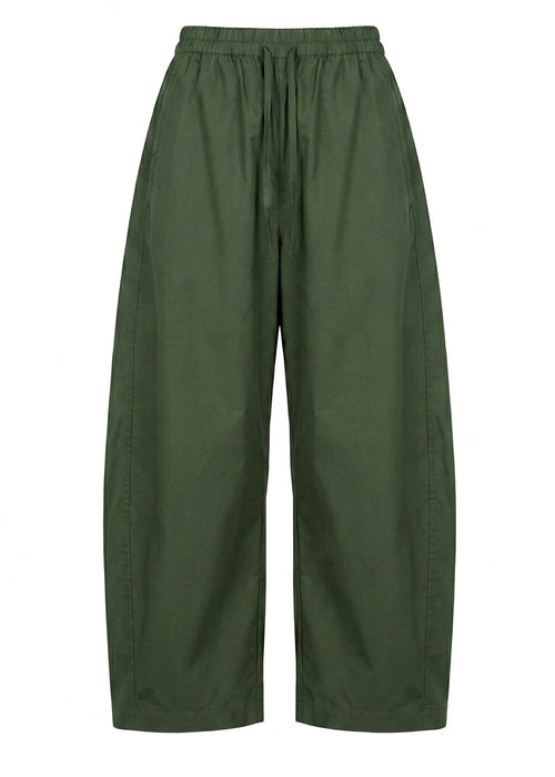 A pair of wide-leg cropped pants in olive green, featuring an elastic waistband and drawstring, shown against a plain white background.