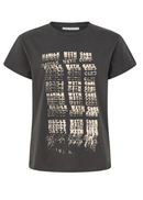 A dark grey short-sleeve t-shirt with a distressed cream graphic print featuring the text 'HANDLE WITH CARE' repeated vertically.