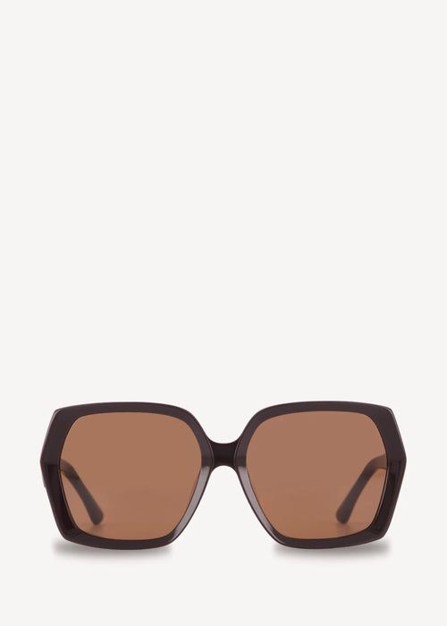 Sunglasses with brown lenses and black frame on a white background