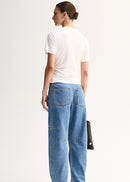 Suggestion


A woman shown from the back wearing a white short-sleeve t-shirt and wide-leg light blue denim jeans, standing against a plain white studio background.