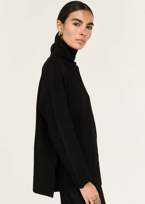 Person wearing a black turtleneck and black lace dress on a white background