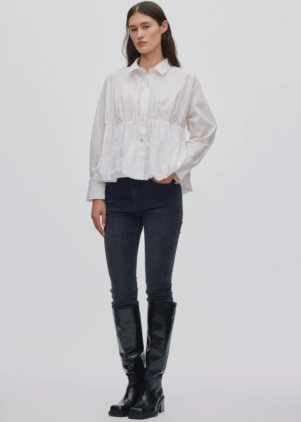 Sophie Poplin Puffed Hem Shirt - White and Dark Grey