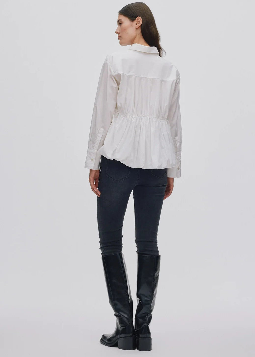 Sophie Poplin Puffed Hem Shirt - White and Dark Grey