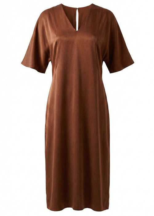 A brown short-sleeve midi dress with a split V-neckline, displayed on a clean white background.