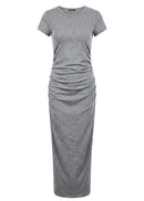 A short-sleeve gray knit maxi dress with ruched detailing at the waist, displayed on a clean white background.