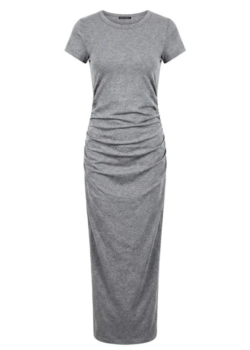 A short-sleeve gray knit maxi dress with ruched detailing at the waist, displayed on a clean white background.