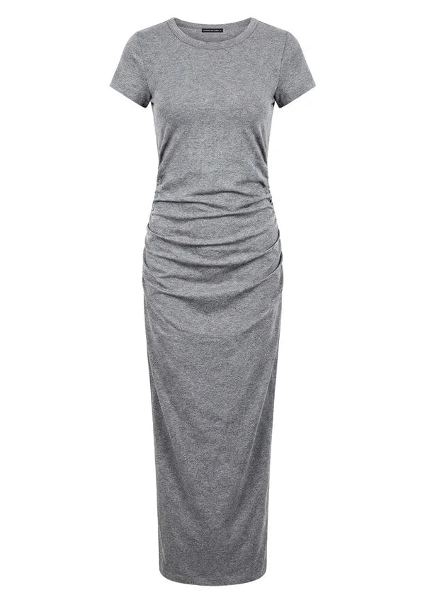 A short-sleeve gray knit maxi dress with ruched detailing at the waist, displayed on a clean white background.