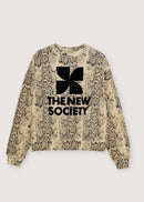 A long-sleeve crewneck sweatshirt featuring a beige and brown snakeskin pattern with a black graphic logo and the text 'THE NEW SOCIETY' printed on the front, set against a light grey background.