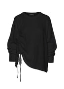 Black top with a tie detail on a white background