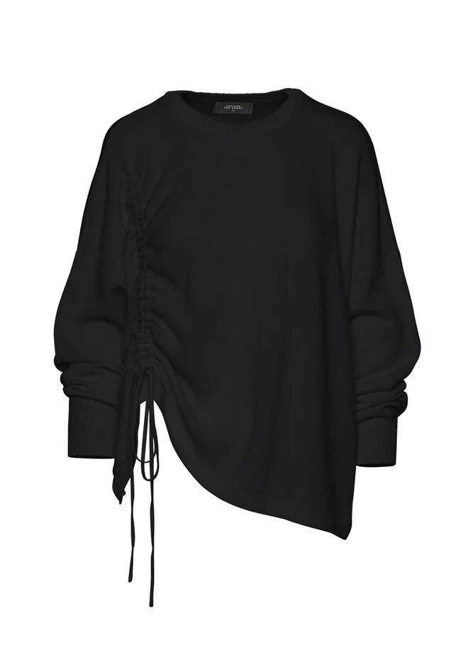 Black top with a tie detail on a white background