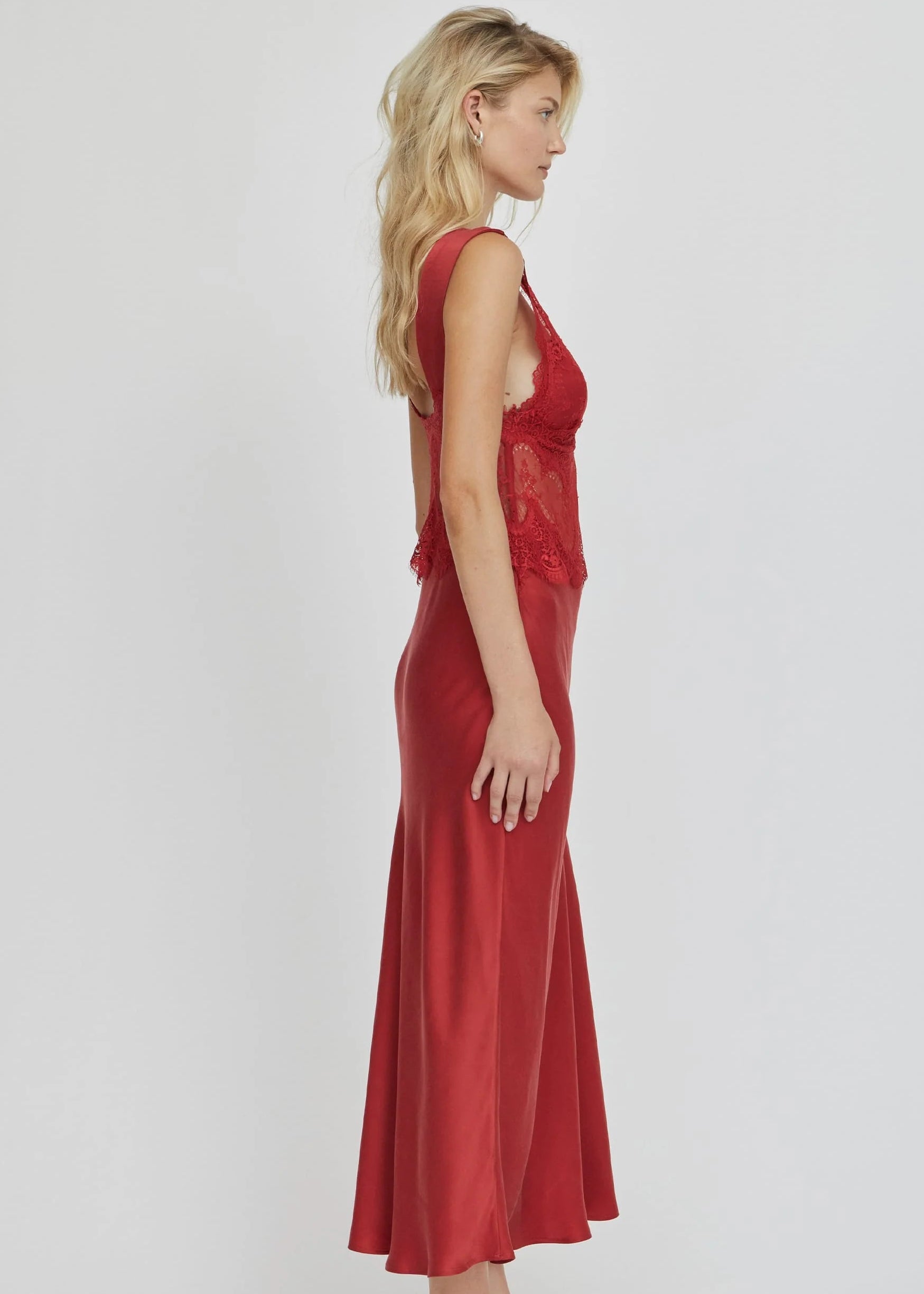 Visions Lace Deep V Maxi Dress - Crimson