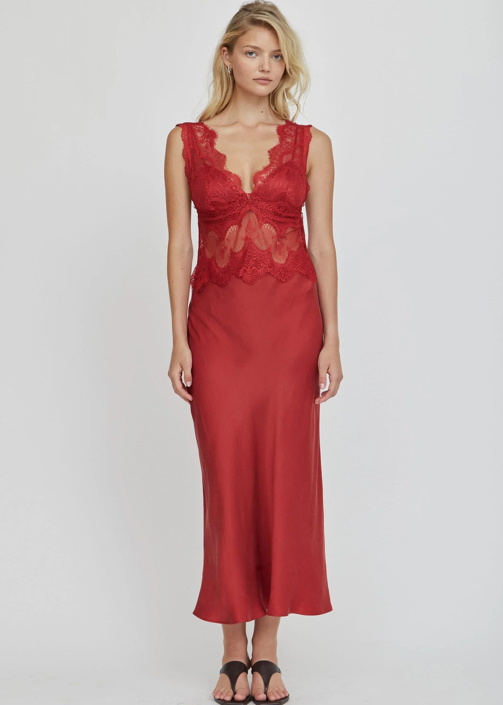 Visions Lace Deep V Maxi Dress - Crimson