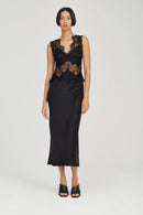 Black dress with lace detailing on a white background