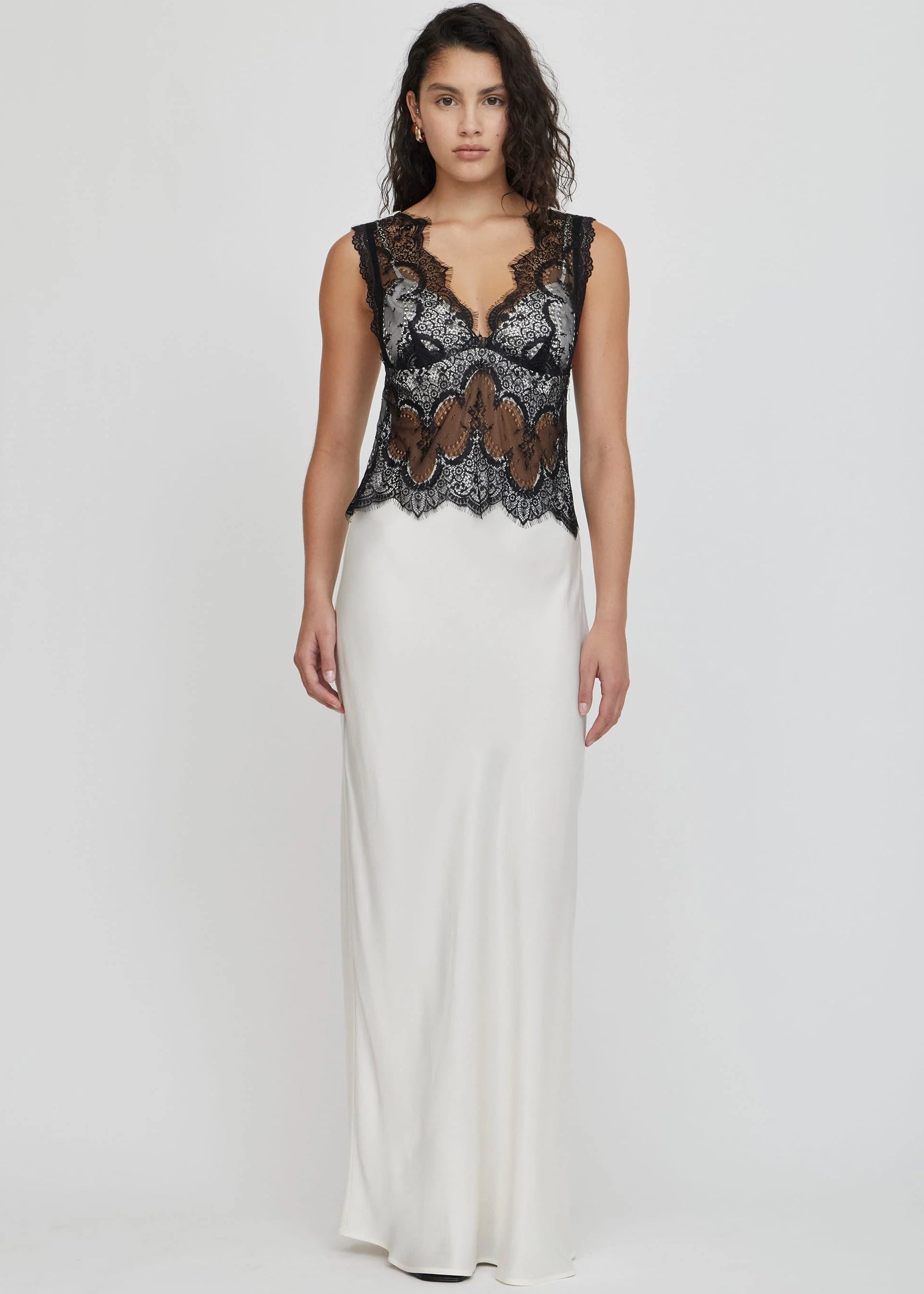 Visions Lace Floor Length Dress - Ivory & Black