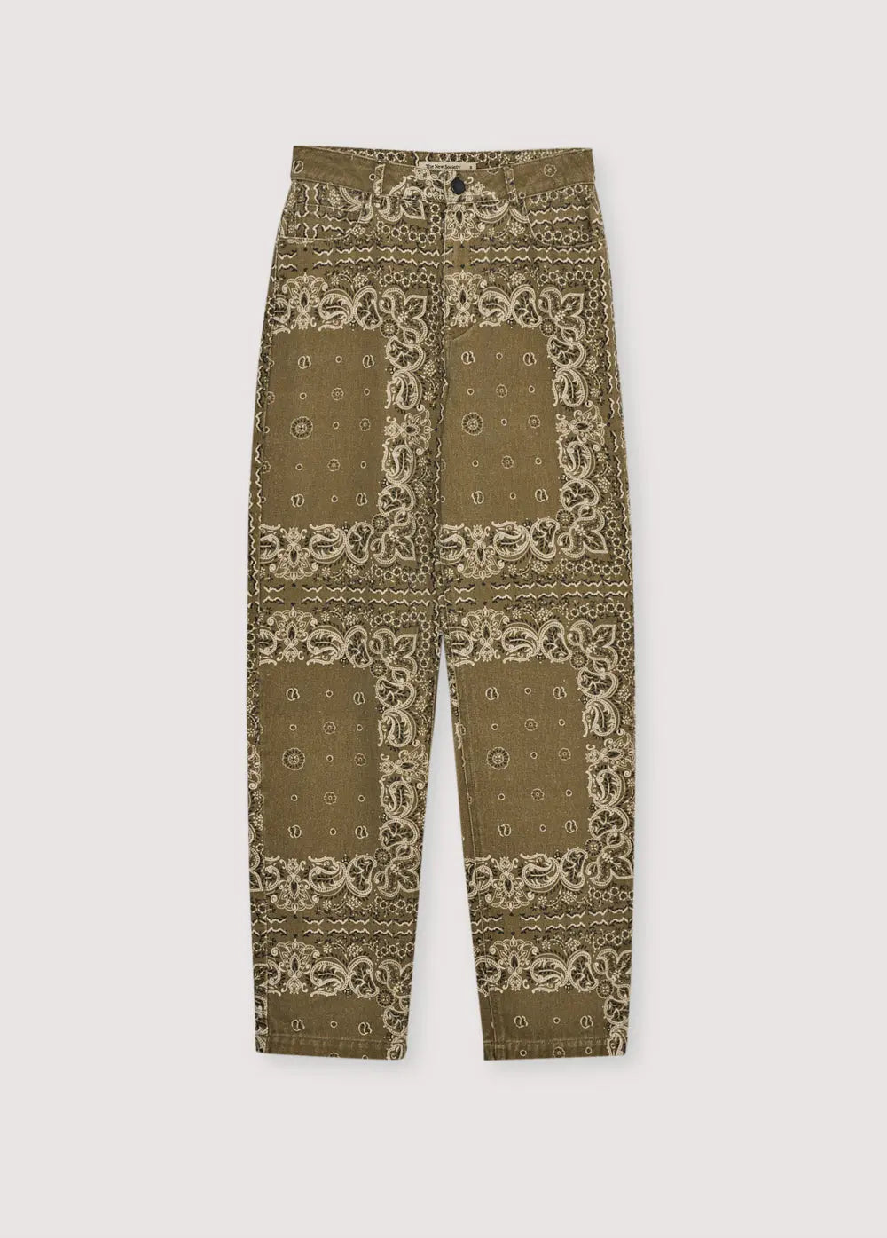 Green pants with a white pattern on a light grey background