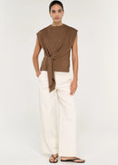 Women modelling a brown draped tied top on white background