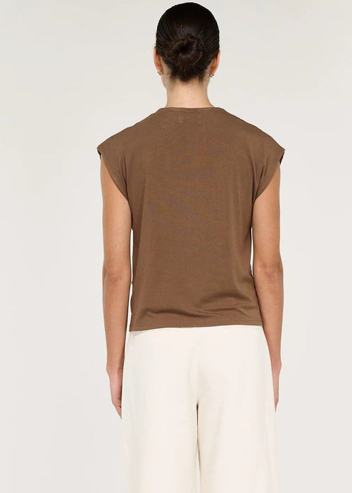 Women modelling a brown draped tied top on white background viewed from behind