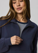 Navy blue pullover with a quarter zip on a plain background